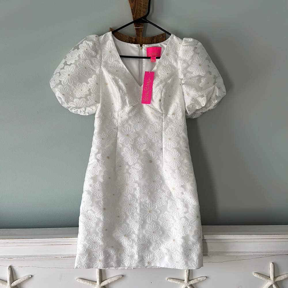 Lilly Pulitzer Citra Elbow Sleeve Organza/ Resort White Perfect Petals  Jacquard